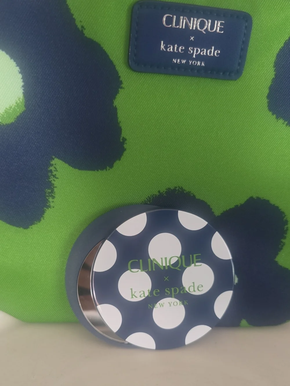 Clinique X Kate Spade  Green & Navy Floral Cosmetic Pouch & Compact Mirror New
